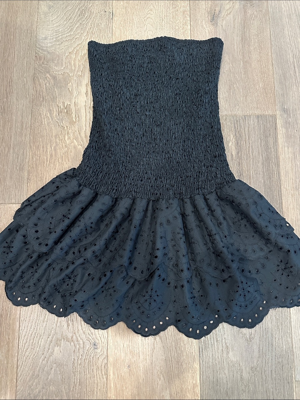 Gameday Black Smocked Eyelet Mini Dress
